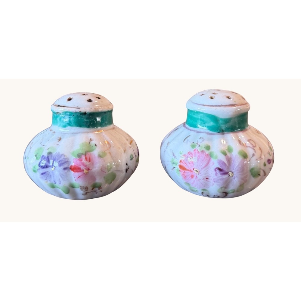 Vintage Hand Painted Porcelain Salt & Pepper Shakers Floral Squat/Round Ribbed
